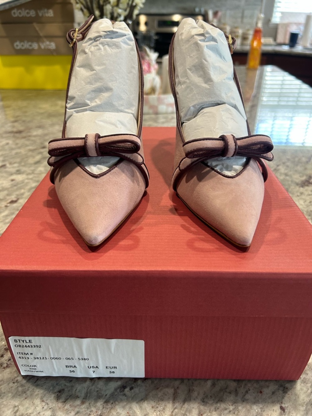 Maeve Pink & Wine Suede Pointed-Toe Slingback Pumps with Bow